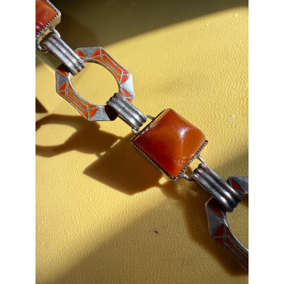 Vintage Art Deco Sterling Red Enamel Bracelet Carnelian Sard Pyramid Cabochon - Picture 10 of 11